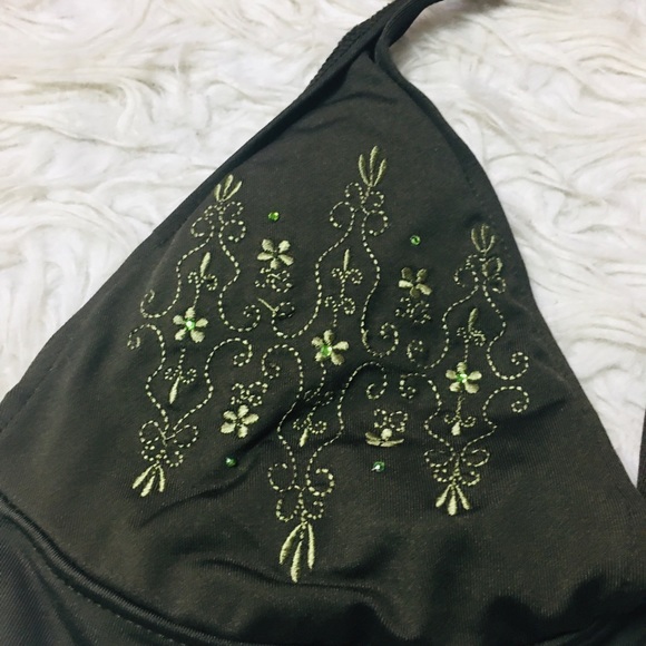 Mossimo Supply Co Swimsuit Halter Olive Green Embroidered Floral Size S/M - Picture 9 of 13